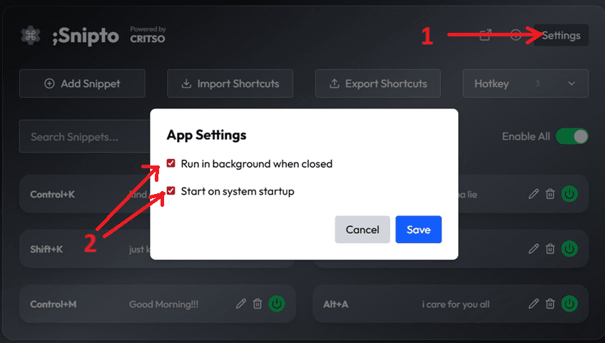 Settings toggle for 'Start on system startup'