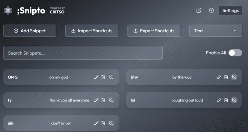 enable all snippet