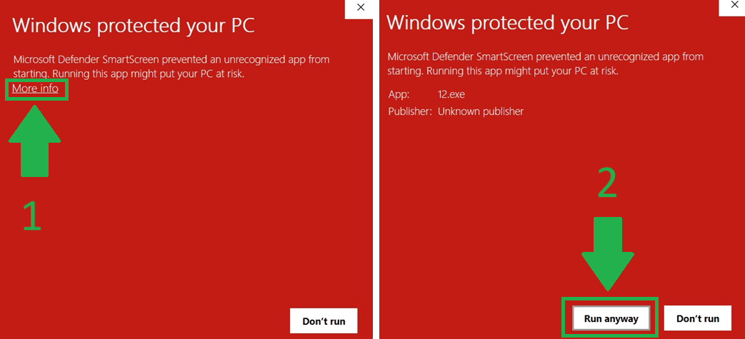 SmartScreen warning with 'More info' and 'Run anyway'
